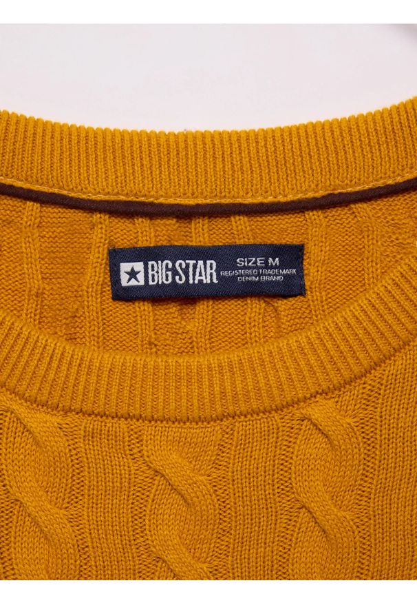 Big-Star - Sweter męski ze splotem warkoczowym żołty Amaris 201. Okazja: na co dzień. Kolor: żółty. Materiał: jeans, dzianina. Wzór: ze splotem. Styl: klasyczny, casual