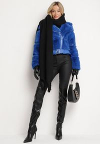 Born2be - Granatowa Futrzana Kurtka z Ozdobnym Paskiem Sirunis. Kolor: niebieski. Materiał: futro. Wzór: aplikacja #3
