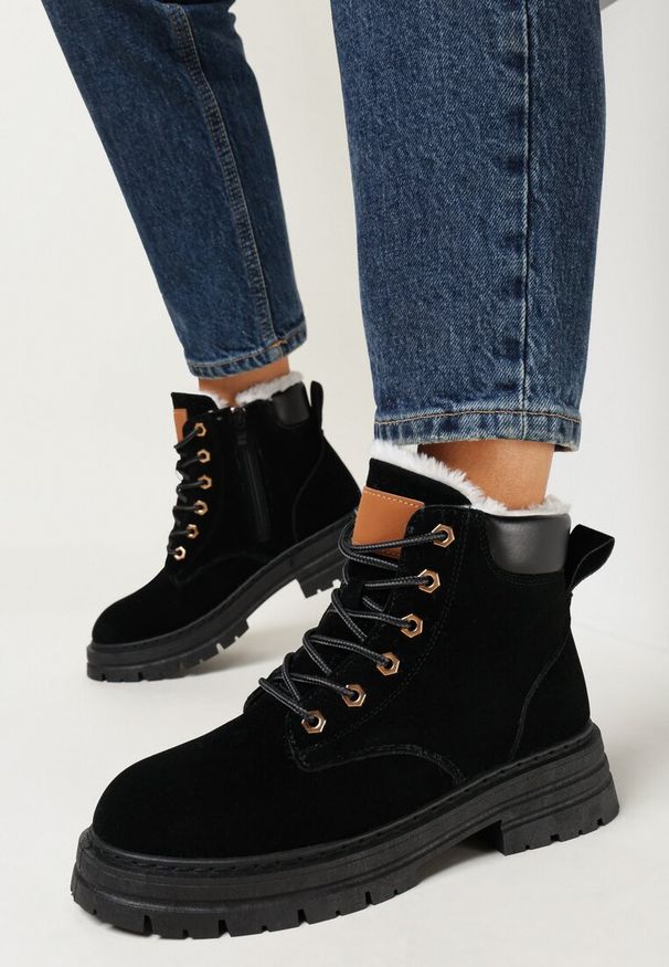 Born2be - Czarne Botki w Stylu Traperów Mocno Ocieplone Samecia. Okazja: na co dzień. Kolor: czarny. Materiał: dzianina. Sezon: zima, jesień. Styl: casual, elegancki