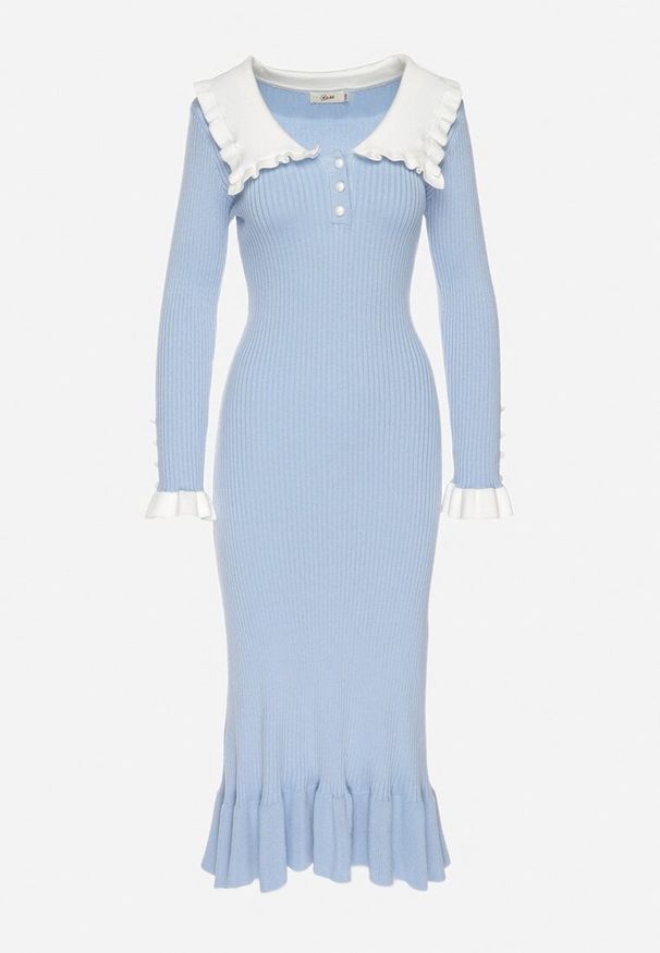 Born2be - Jasnoniebieska Dzianinowa Sukienka Retro z Wiskozą z Kołnierzykiem i Falbanami Hanlira. Okazja: na co dzień. Kolor: niebieski. Materiał: wiskoza, dzianina. Styl: retro