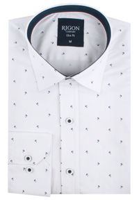 Męska Koszula, Taliowana (Slim Fit) - Rigon - Biała, Delikatny Wzór. Okazja: do pracy, na spotkanie biznesowe. Kolor: biały. Materiał: bawełna, poliester, elastan. Długość rękawa: długi rękaw. Długość: długie. Styl: wizytowy, elegancki, biznesowy #2