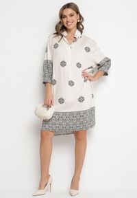 Born2be - Beżowa Wiskozowa Sukienka Ozdobiona Geometrycznym Wzorem Nalanessa. Okazja: na co dzień. Kolor: beżowy. Materiał: wiskoza. Wzór: aplikacja, geometria. Styl: klasyczny, casual, elegancki. Długość: mini #6