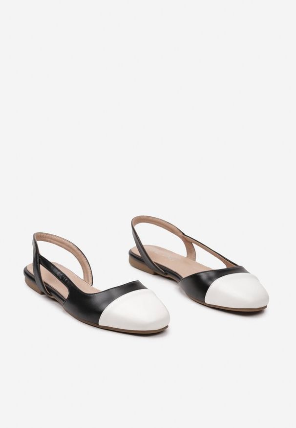 Renee - Czarne Sandały na Płaskiej Podeszwie z Zakrytym Przodem bez Pięty Ozdobione Kontrastującym Noskiem Brianelle. Okazja: do pracy. Kolor: czarny. Materiał: len. Wzór: aplikacja. Sezon: wiosna, lato. Obcas: na płaskiej podeszwie. Styl: elegancki, klasyczny