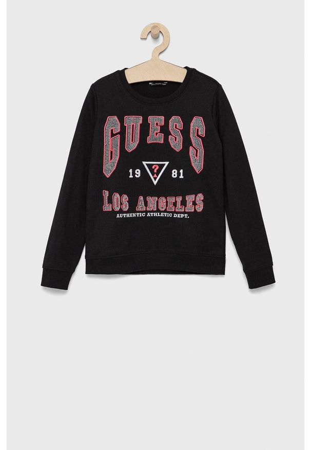 Guess Bluza bawełniana dziecięca kolor czarny z aplikacją. Okazja: na co dzień. Kolor: czarny. Materiał: bawełna. Wzór: aplikacja. Styl: casual