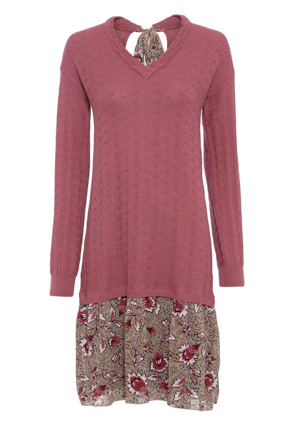 Sukienka dzianinowa ze spódniczką z tkaniny bonprix kremowy jeżynowy - beżowo-jasnoróżowy w kwiaty. Kolor: fioletowy. Materiał: tkanina, dzianina. Wzór: kwiaty