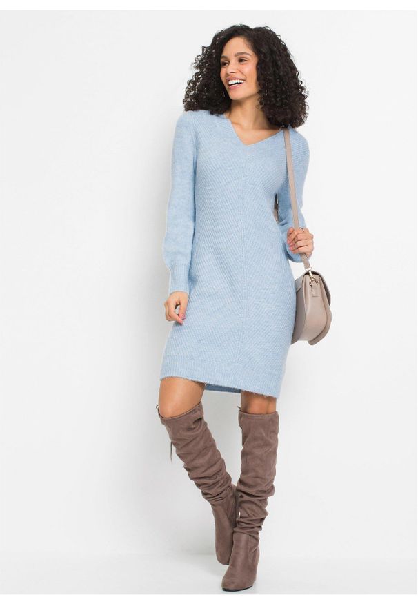 bonprix - Sukienka dzianinowa. Typ kołnierza: dekolt w serek. Kolor: niebieski. Materiał: dzianina