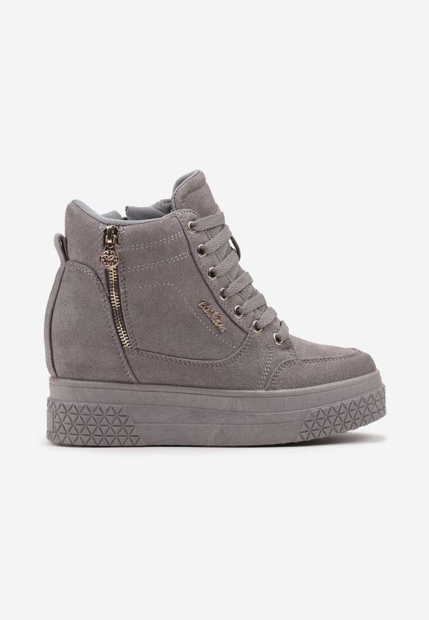 Renee - Szare Sneakersy na Koturnie z Metalicznymi Detalami i Dodatkowym Suwakiem Dailise. Okazja: na co dzień. Zapięcie: zamek. Kolor: szary. Materiał: jeans. Obcas: na koturnie