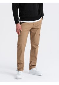 Ombre Clothing - Spodnie męskie z kieszeniami cargo i ściągaczem na dole nogawki - jasnobrązowe V3 - Rozmiar: XL. Kolor: brązowy. Materiał: elastan, bawełna