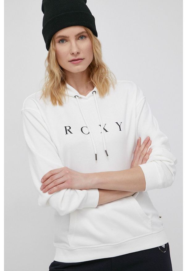 Roxy bluza damska kolor biały z kapturem z nadrukiem. Okazja: na co dzień. Typ kołnierza: kaptur. Kolor: biały. Materiał: dzianina, materiał. Wzór: nadruk. Styl: casual