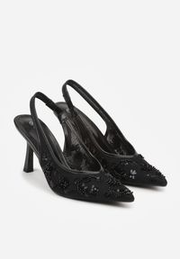 Renee - Czarne Sandały na Szpilce Typu Slingback z Cekinami Resseris. Okazja: na wesele, na ślub cywilny, na imprezę. Kolor: czarny. Materiał: koronka. Obcas: na szpilce. Styl: elegancki #9