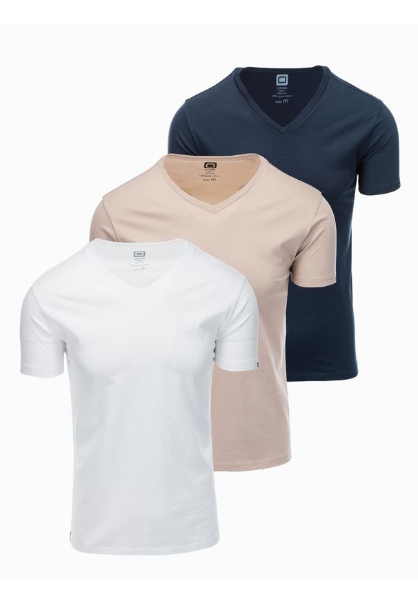 Ombre Clothing - Zestaw bawełnianych męskich koszulek V-neck BASIC – biały/piaskowy/granatowy V12. Typ kołnierza: dekolt w serek. Kolor: biały. Materiał: bawełna