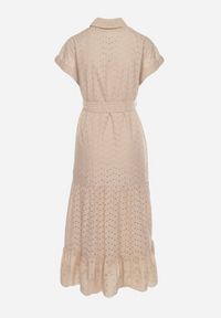 Born2be - Beżowa Sukienka Bawełniana z Ażurowym Wzorem i Wiązanym Paskiem Kelilena. Okazja: na co dzień. Kolor: beżowy. Materiał: bawełna. Długość rękawa: krótki rękaw. Wzór: ażurowy. Typ sukienki: rozkloszowane. Styl: elegancki, casual, retro #3