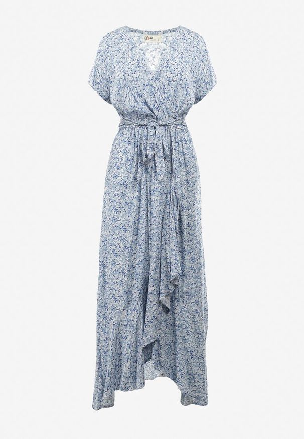 Born2be - Niebieska Sukienka o Kopertowym Kroju z Falbanami i Wiązanym Paskiem Dsson. Okazja: na co dzień. Typ kołnierza: dekolt w serek. Kolor: niebieski. Typ sukienki: kopertowe. Styl: casual