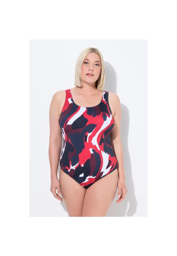 ULLA POPKEN - Damski Strój kąpielowy wzór w palmy bez miękkich miseczek okrągły dekolt. Kolekcja: plus size. Kolor: niebieski. Materiał: poliester, elastan, poliamid, materiał