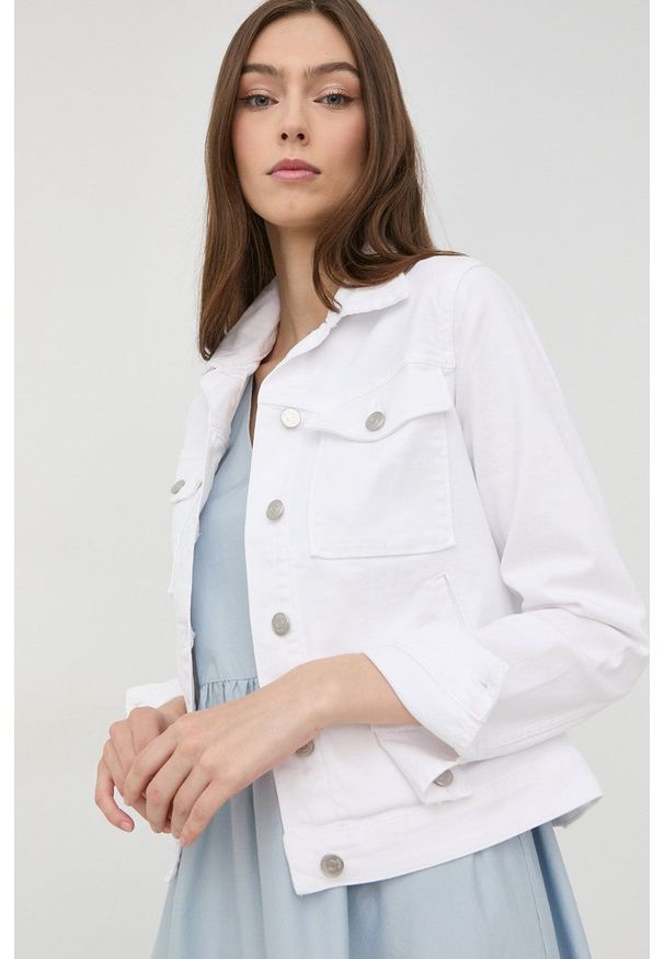 BOSS kurtka jeansowa damska kolor biały przejściowa. Okazja: na co dzień. Kolor: biały. Materiał: jeans. Wzór: gładki. Styl: casual