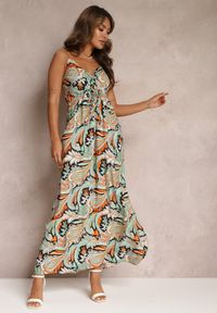 Renee - Zielono-Czarna Rozkloszowana Sukienka z Wiskozy w Fantazyjny Print Eirlina. Kolor: zielony. Materiał: wiskoza. Długość rękawa: na ramiączkach. Wzór: nadruk. Sezon: lato. Typ sukienki: kopertowe