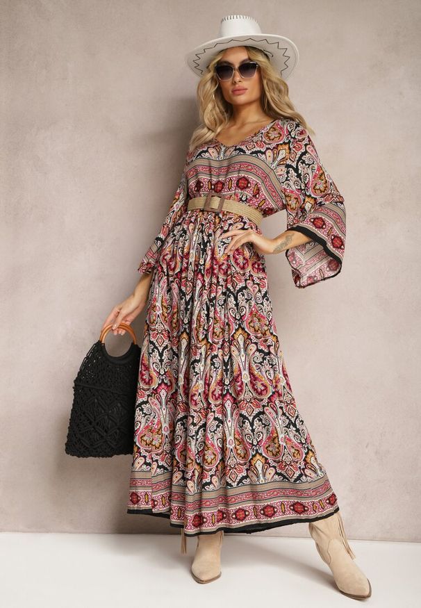 Renee - Czarno-Bordowa Rozkloszowana Sukienka we Wzór Paisley z Rękawem 3/4 Briarwa. Okazja: na co dzień. Kolor: czarny. Wzór: paisley. Styl: elegancki, casual
