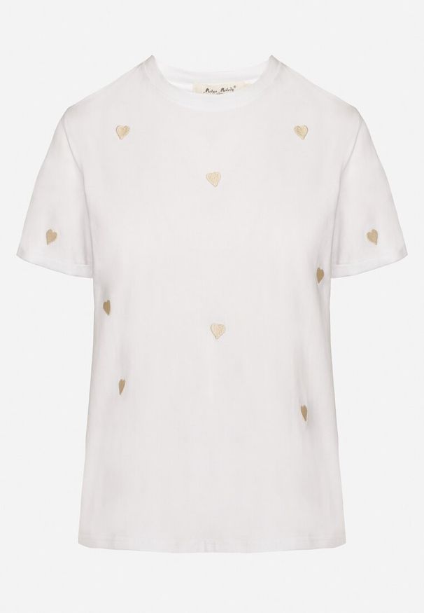 Born2be - Biało-Beżowy T-shirt z Bawełny w Serca Kolavelle. Okazja: na spacer, na co dzień. Kolor: biały. Materiał: bawełna. Styl: casual, klasyczny