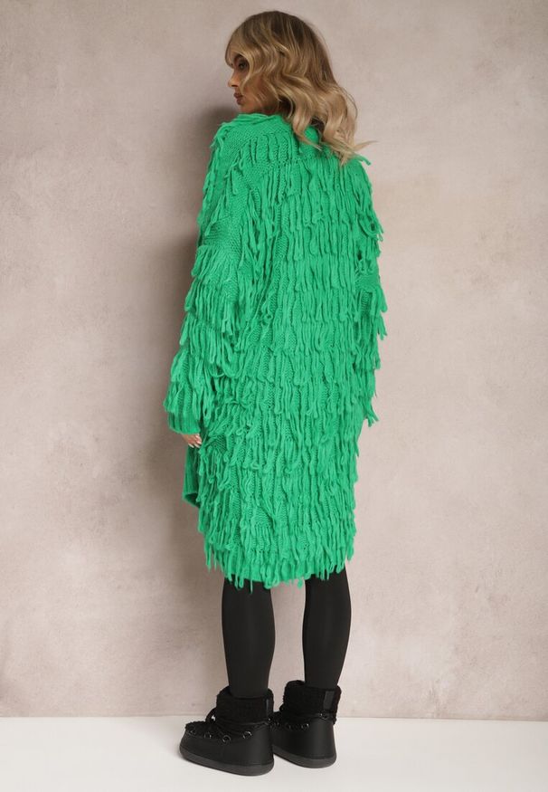 Renee - Zielony Niezapinany Kardigan w Ozdobne Frędzle Massawa. Kolor: zielony. Styl: elegancki