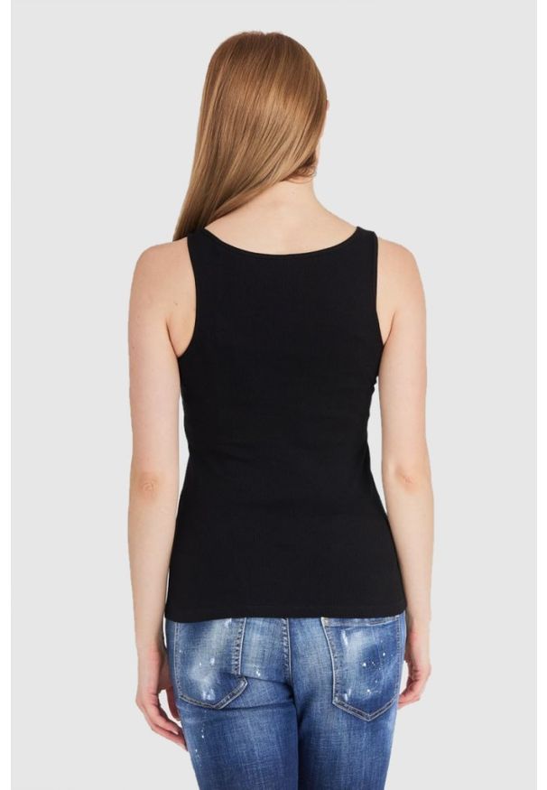 Guess - GUESS Czarny top damski z logo z koralików. Kolor: czarny. Materiał: bawełna. Wzór: nadruk