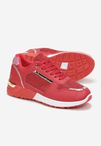 Renee - Czerwone Płaskie Sneakersy Sznurowane z Brokatowymi Wstawkami Raflia. Kolor: czerwony. Szerokość cholewki: normalna #2