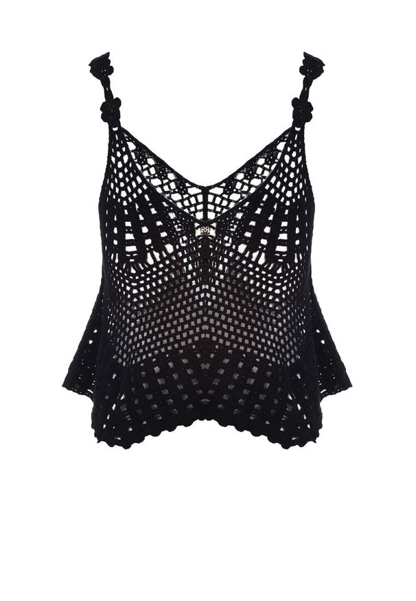 Born2be - Czarny Bawełniany Top Boho z Ażurowej Siateczki Complacency. Okazja: na co dzień. Typ kołnierza: dekolt w kształcie V. Kolor: czarny. Materiał: bawełna. Wzór: ażurowy. Styl: boho