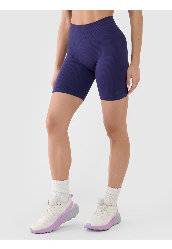 4f - 4F Legginsy kolarki bezszwowe treningowe damskie - granatowe M/L. Stan: podwyższony. Kolor: niebieski. Materiał: dzianina, materiał, syntetyk, włókno, elastan. Długość: krótkie. Wzór: jednolity. Sport: fitness