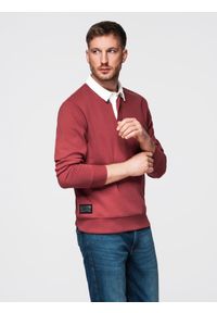Ombre Clothing - Bluza męska z białym kołnierzykiem polo - bordowa V3 - Rozmiar: L. Typ kołnierza: polo. Kolor: czerwony. Materiał: poliester, bawełna, materiał