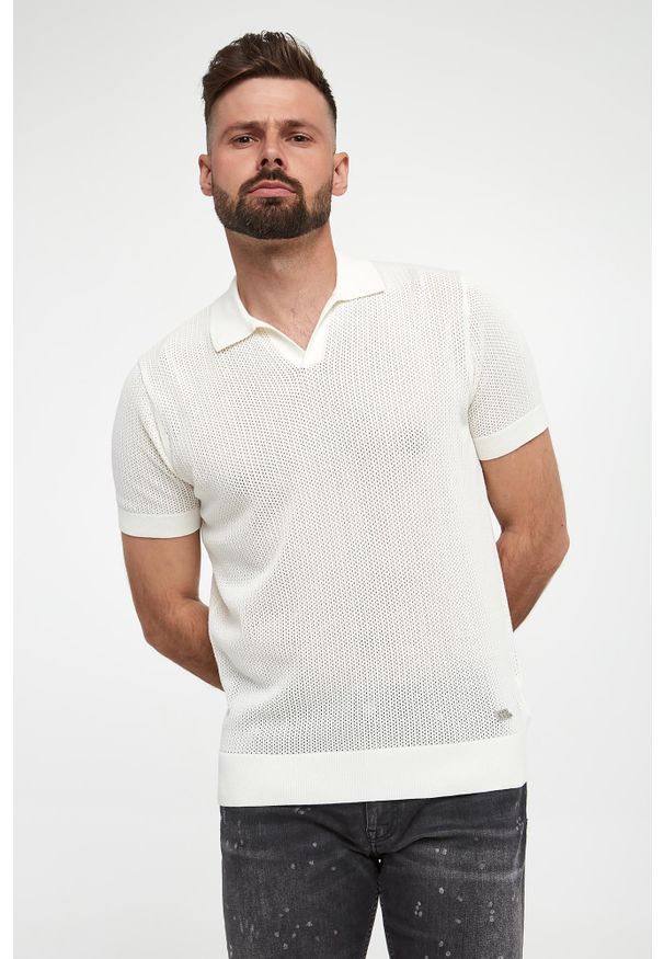 Karl Lagerfeld - Polo męskie z dzianiny ażurowej KARL LAGERFELD. Typ kołnierza: polo. Materiał: dzianina. Wzór: ażurowy