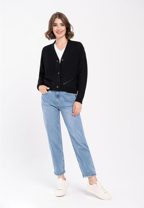 Volcano - Kardigan S-FOXY. Okazja: na co dzień. Typ kołnierza: dekolt w serek, dekolt w kształcie V. Kolor: czarny. Materiał: akryl, poliamid, materiał. Długość: krótkie. Wzór: prążki, ze splotem. Styl: casual