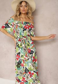 Renee - Zielono-Różowa Wiskozowa Sukienka o Rozkloszowanym Kroju z Paskiem w Talii w Kwiatowy Print Rosubia. Okazja: na co dzień. Typ kołnierza: dekolt w łódkę. Kolor: zielony. Materiał: wiskoza. Wzór: kwiaty, nadruk. Typ sukienki: proste. Styl: wizytowy, casual. Długość: mini #5