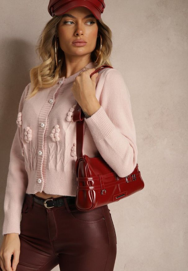 Renee - Różowy Wiskozowy Kardigan z Guzikami Perełkami Brokatem Tłoczeniem i Kuleczkami Harirani. Kolor: różowy. Materiał: wiskoza. Styl: klasyczny