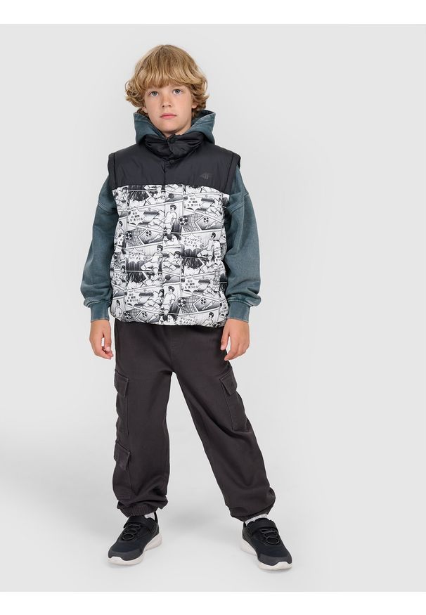 4f - 4F Bezrękawnik puchowy z wypełnieniem syntetycznym chłopięcy - czarno-biały 158 (12-13 lat). Okazja: na co dzień. Typ kołnierza: kołnierzyk stójkowy. Kolor: wielokolorowy. Materiał: puch, syntetyk. Długość rękawa: bez rękawów. Sezon: lato. Styl: casual, klasyczny, sportowy