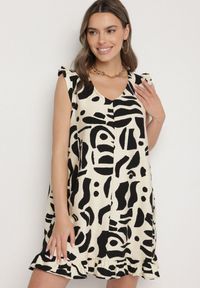 Born2be - Czarna Sukienka o Rozkloszowanym Kroju z Dekoltem w Serek w Abstrakcyjny Wzór Mevondra. Okazja: na co dzień. Typ kołnierza: dekolt w serek. Kolor: czarny. Materiał: skóra, jeans. Długość rękawa: bez rękawów. Styl: casual, elegancki #1