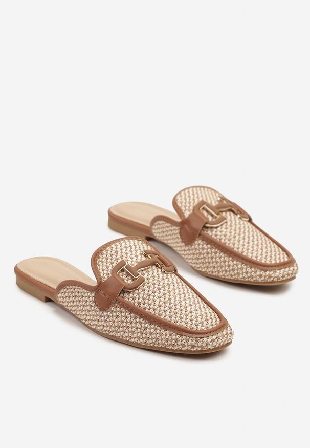 Born2be - Brązowo-Beżowe Tweedowe Klapki Mule z Eleganckim Zdobieniem Sonarena. Okazja: na spotkanie biznesowe, na co dzień. Kolor: brązowy. Wzór: aplikacja. Styl: elegancki