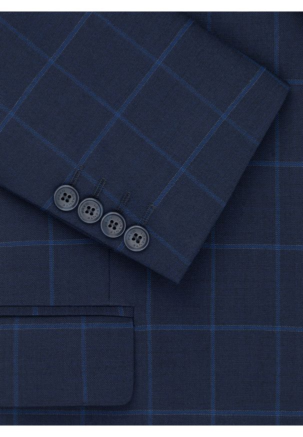 Pako Lorente - PAKO LORENTE – Granatowa marynarka garniturowa w niebieską kratkę. Okazja: na wesele, na ślub cywilny, na komunię. Kolor: niebieski. Materiał: poliester, wełna, lycra. Wzór: kratka