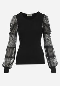 Born2be - Czarna Bluzka Eufisa. Okazja: na randkę. Kolor: czarny. Materiał: dzianina, jeans, koronka. Wzór: prążki, koronka. Styl: elegancki, boho #6
