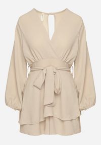Born2be - Beżowa Kopertowa Sukienka Kombinezon Mini z Falbanką Bomina. Kolor: beżowy. Materiał: materiał #5