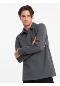Ombre Clothing - Bluza męska z kołnierzykiem polo ze strukturalnej dzianiny - grafitowy melanż V1 - Rozmiar: M. Typ kołnierza: polo. Kolor: szary. Materiał: dzianina. Wzór: melanż