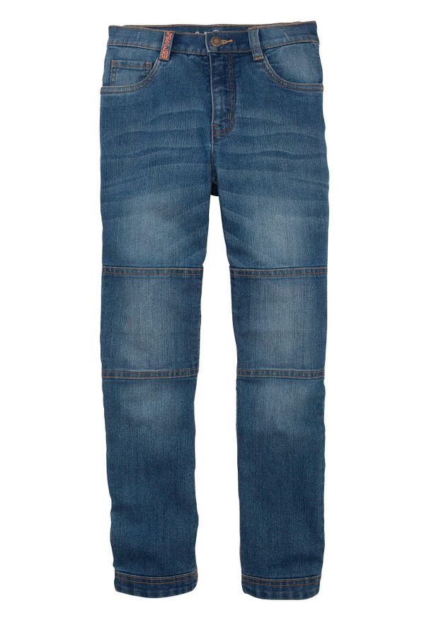 bonprix - Dżinsy ze stretchem o kroju regular fit, ze wzmocnioną częścią na kolana i prostymi nogawkami. Kolor: niebieski. Styl: klasyczny