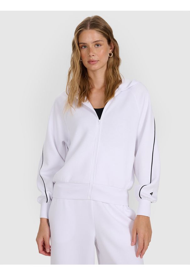 4f - 4F Bluza dresowa rozpinana z kapturem damska - biała XL. Okazja: na co dzień. Typ kołnierza: kaptur. Kolor: biały. Materiał: dresówka. Długość rękawa: raglanowy rękaw. Długość: krótkie. Wzór: gładki, ze splotem. Styl: casual, sportowy