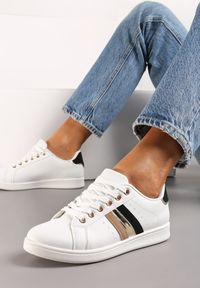 Born2be - Biało-Czarne Sneakersy Sznurowane z Metalicznymi Wstawkami Vunna. Kolor: biały. Materiał: jeans. Obcas: na obcasie. Wysokość obcasa: niski #3