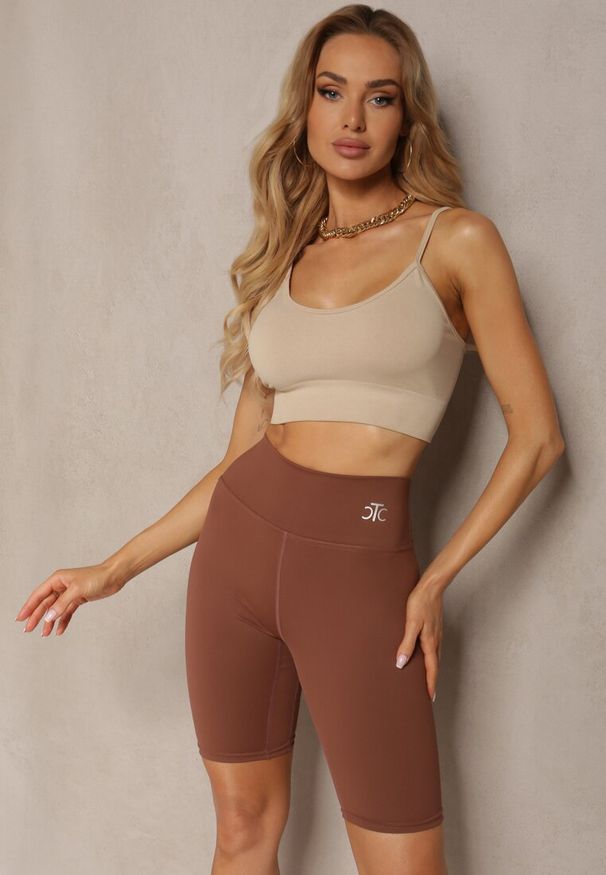Renee - Brązowe Kolarki Szorty Elastyczne High Waist Meania. Stan: podwyższony. Kolor: brązowy. Materiał: bawełna, satyna. Styl: elegancki