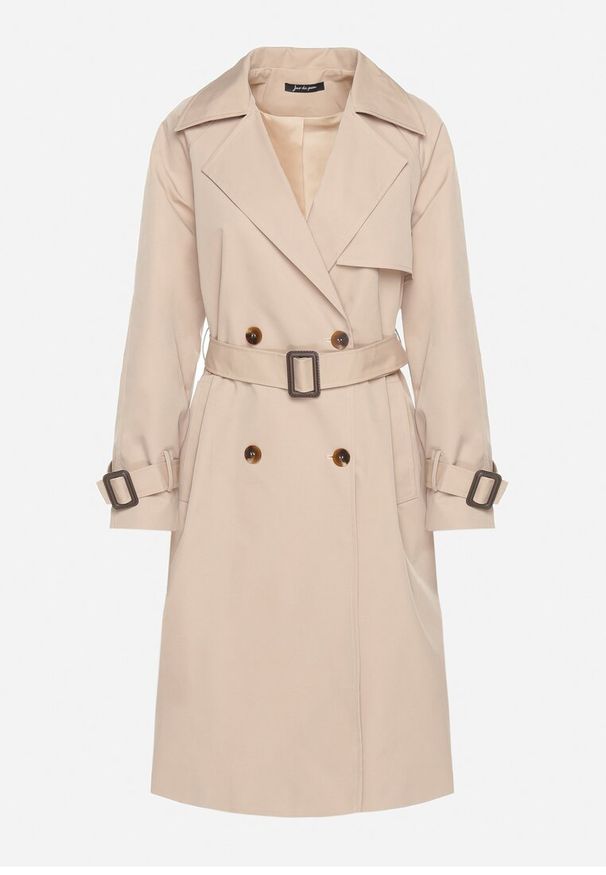 Born2be - Beżowy Płaszcz w Stylu Trencza Ozdobiony Paskiem z Klamrą Ninellira. Kolor: beżowy. Materiał: jeans. Długość rękawa: długi rękaw. Długość: długie. Wzór: aplikacja. Styl: klasyczny, elegancki