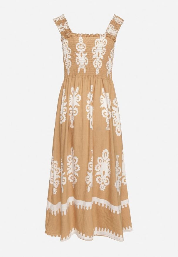 Born2be - Ciemnobeżowa Wiskozowa Sukienka o Rozkloszowanym Kroju w Ornamentny Wzór Adoxie. Okazja: na spacer, na co dzień. Kolor: beżowy. Materiał: wiskoza. Długość rękawa: na ramiączkach. Typ sukienki: proste, rozkloszowane. Styl: casual, klasyczny