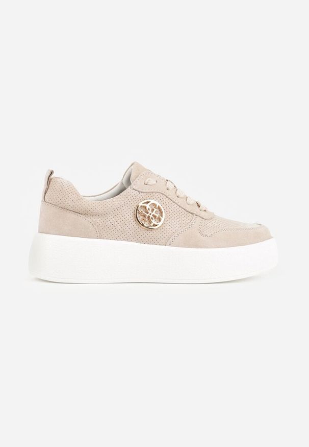 Born2be - Beżowe Sneakersy Skórzane na Grubej Podeszwie z Geometryczną Ozdobą Syrolphi. Okazja: na co dzień. Kolor: beżowy. Materiał: skóra. Wzór: aplikacja, geometria