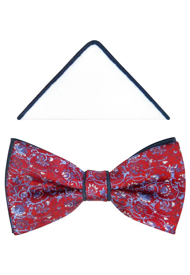 Modini - Czerwona mucha męska z niebieskim motywem kwiatowym A264. Kolor: wielokolorowy, czerwony, niebieski. Materiał: poliester, tkanina. Wzór: kwiaty. Styl: elegancki