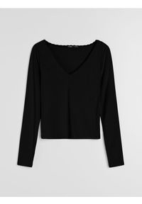 Sinsay - Bluzka z długim rękawem i koronką przy dekolcie - czarny. Kolor: czarny. Materiał: koronka. Długość rękawa: długi rękaw. Długość: długie. Wzór: koronka #1