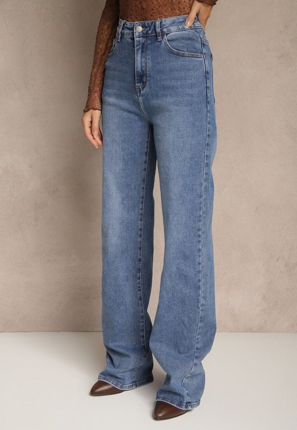 Renee - Niebieskie Szerokie Jeansy High Waist z Wiskozą Isofara. Stan: podwyższony. Kolekcja: plus size. Kolor: niebieski. Styl: elegancki