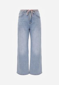 Renee - Niebieskie Jeansy Szerokie z Bawełną High Waist Ozdobione Wiązanym Sznurkiem Neviolla. Okazja: na co dzień. Stan: podwyższony. Kolor: niebieski. Wzór: aplikacja. Styl: casual #5